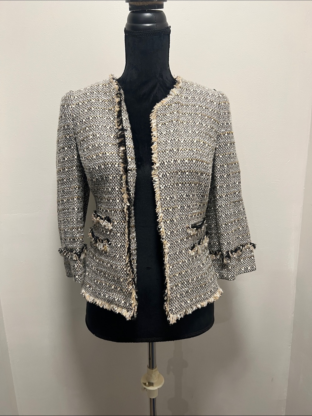 Boden Tweed Fringed Open-Front Jacket